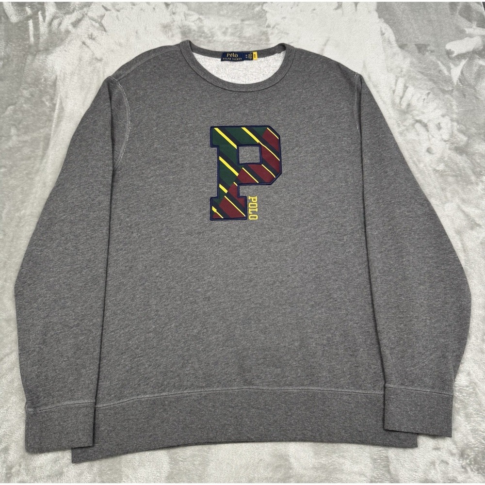 Polo Ralph Lauren Letterman Crewneck Mens XL P Patch Pullover Sweatshirt Gray